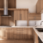 a newly refitted kitchen with scandi-style wood cabinets and stylish marble worktops.