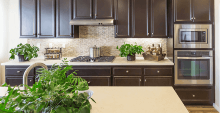 a modern kitchen refit with dark painted cabinets and a light quartz worktop. There are several green plants on the surfaces.